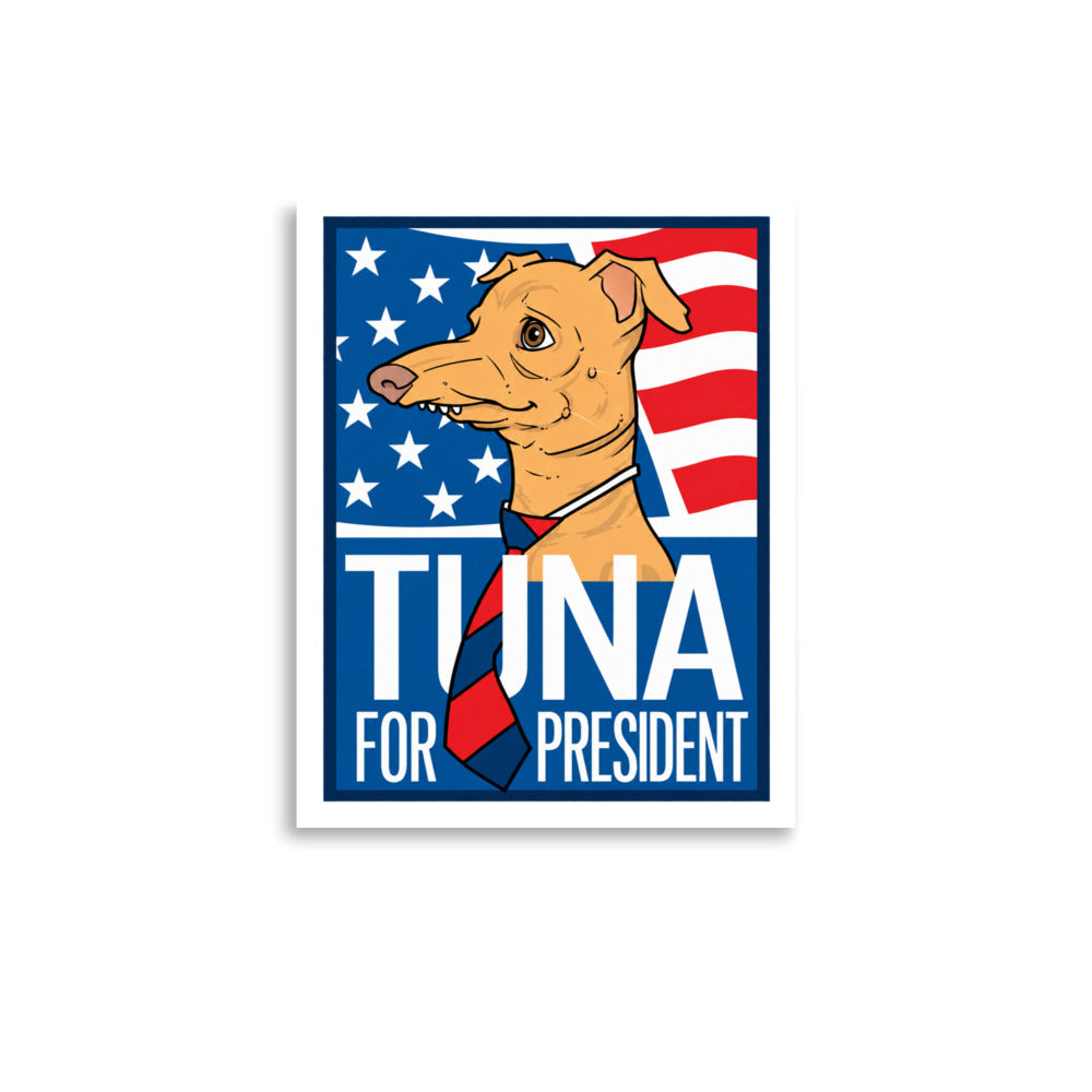 Tuna For President poster: Tuna in a striped tie before an American flag, with TUNA FOR PRESIDENT in large white letters