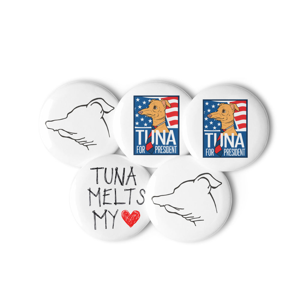 The five 1.25 inch Tuna pin buttons grouped together, campaign portraits beside the line drawings