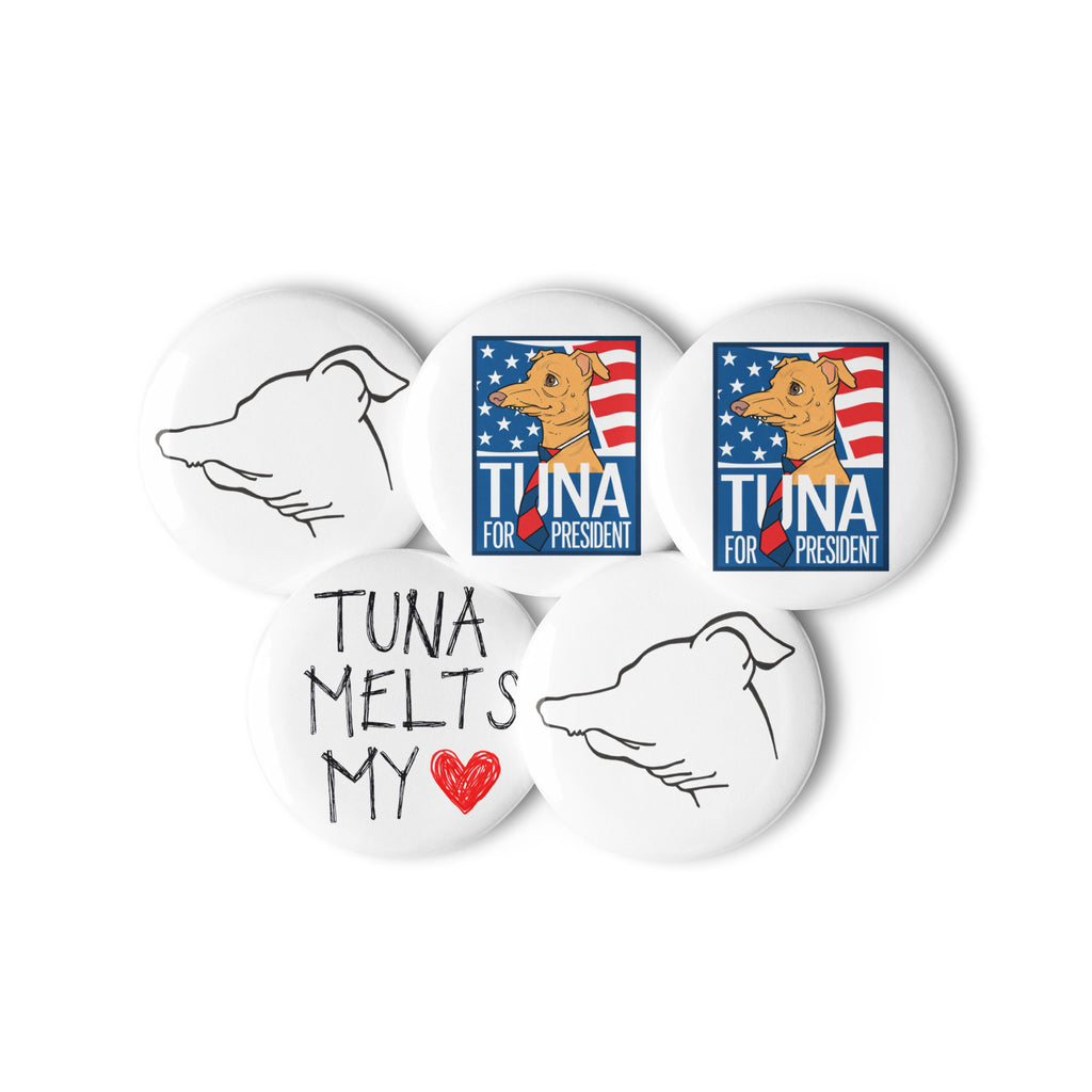 The five 2.25 inch Tuna pin buttons grouped together, campaign portraits beside the line drawings