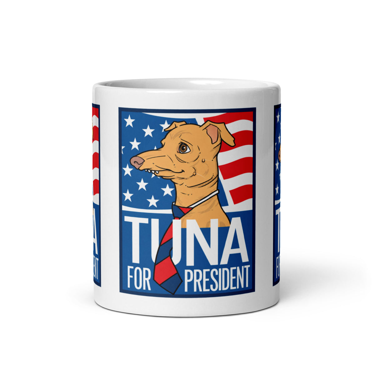 Tuna For President mug from the front: Tuna in a striped tie before an American flag above the words TUNA FOR PRESIDENT