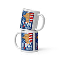 Two stacked Tuna For President mugs, each printed with Tuna in a striped tie before an American flag