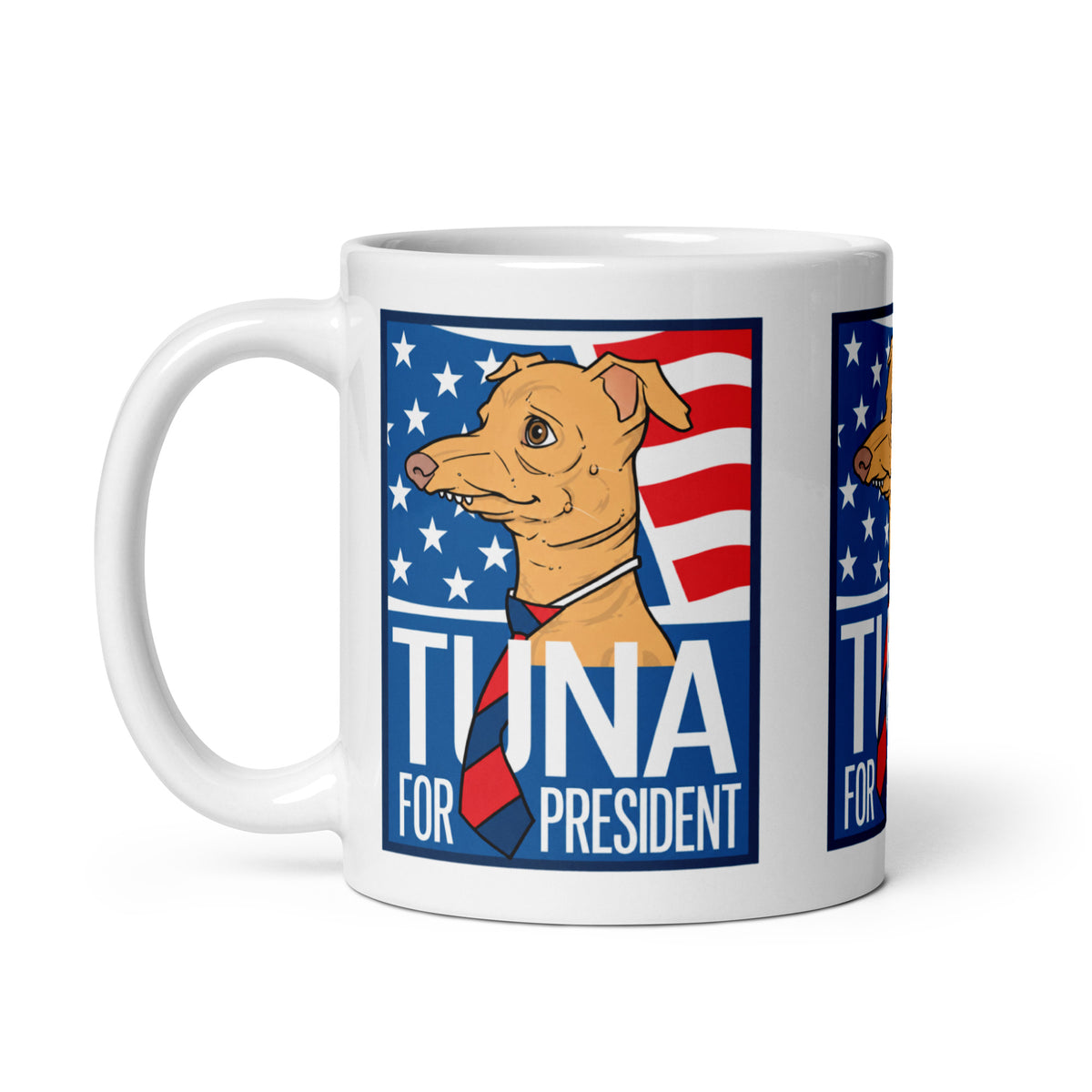 Tuna For President mug, handle on the left, showing the campaign portrait printed on the other side